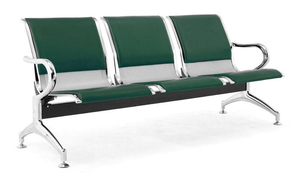 Panca per Sala Attesa 3 Posti da Ufficio con Cuscino in Acciaio e Similpelle Argento/Verde bosco