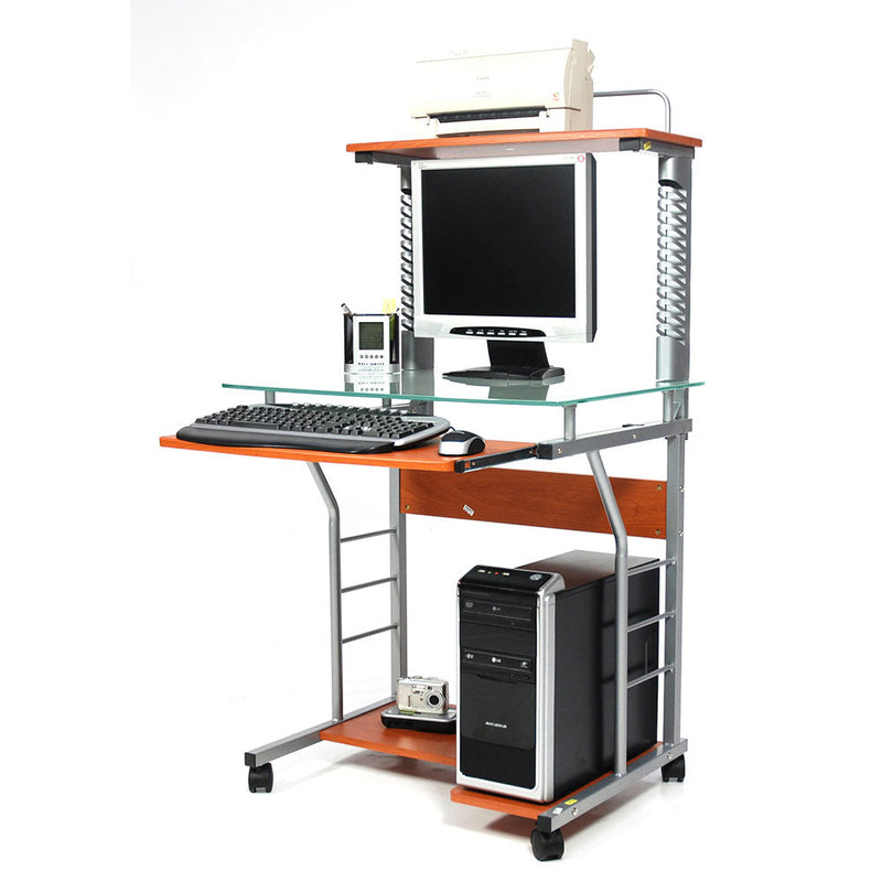 Scrivania Porta Pc 70x55xH130 cm in Vetro con Portatastiera Swift Ciliegio