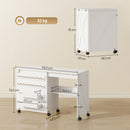 Mobile per Macchina da Cucire Pieghevole 116,3x49,5x76,5 cm con 2 Contenitori Mensola Inferiore 18 Pioli per Bobine e Ruote in Truciolato Bianco      