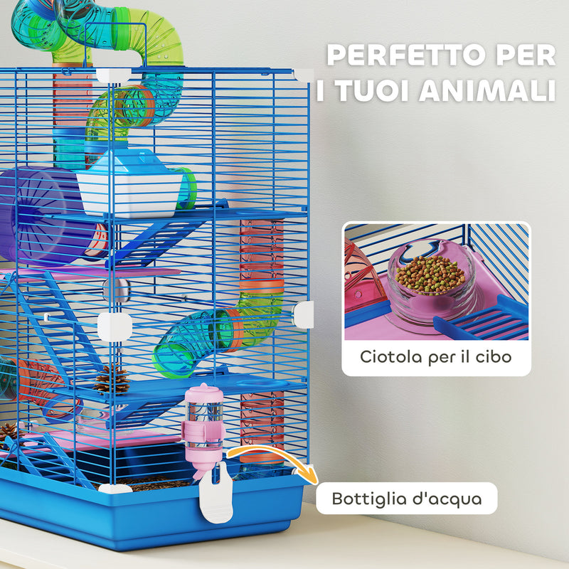 Gabbia per Criceti a 5 Piani 46x30x58 cm con Tubi Colorati e Accessori in Metallo Blu  