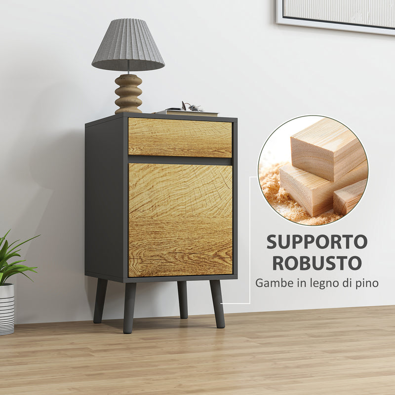 Comodino Moderno 40x39x69 cm con Cassetto e Armadietto in Truciolare Senza Maniglie Grigio Scuro e Legno  