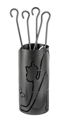 Trespolo per Attrezzi Camino Cilindrico Sagoma Gatto con Paletta Scopino Attizzino e Pinza Ø15,2x62 cm in Ferro Verniciato Grigio Martellato
