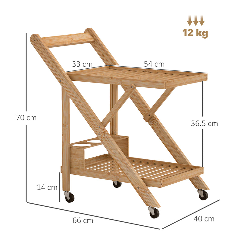 Carrello da Cucina Portavivande Pieghevole 66x40x70 cm a 2 Livelli con Portabottiglie in Legno di Bambù   