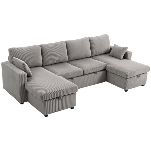 sconto Divano Letto Moderno a U 282x140x86 cm con 2 Chaise Longue e Vani Contenitore Velluto a Coste Grigio