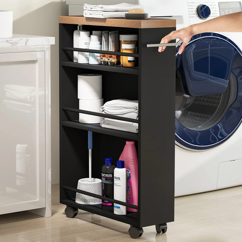 Carrello Portaoggetti Salvaspazio 50x16x80 cm per Cucina Bagno con Ruote Nero
