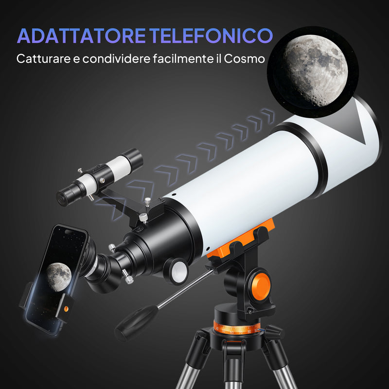  Telescopio Astronomico 80mm con Montatura AZ, 2 Lenti Oculari e Adattatore Smartphone, 92x92x130 cm, Bianco e Nero      