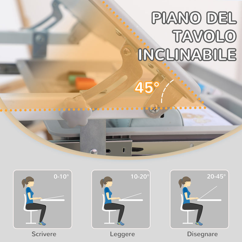 Banco Scuola per Bambini Piano Inclinabile e Sedia Regolabile 66x47x52-77 cm Grigio 