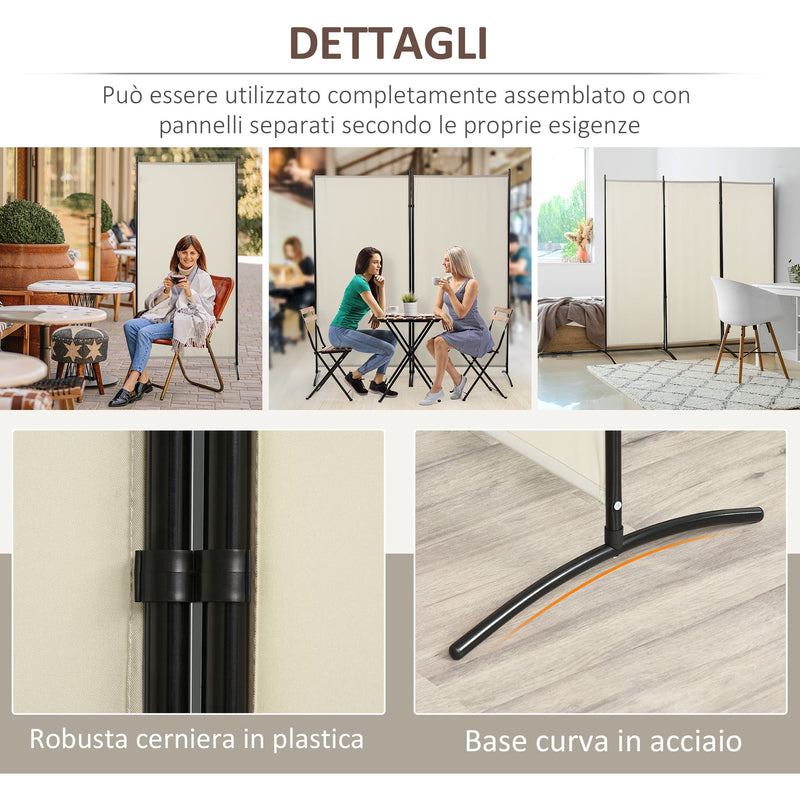 Paravento Separè 3 Pannelli 253x50x182 cm in Metallo e Poliestere Beige
