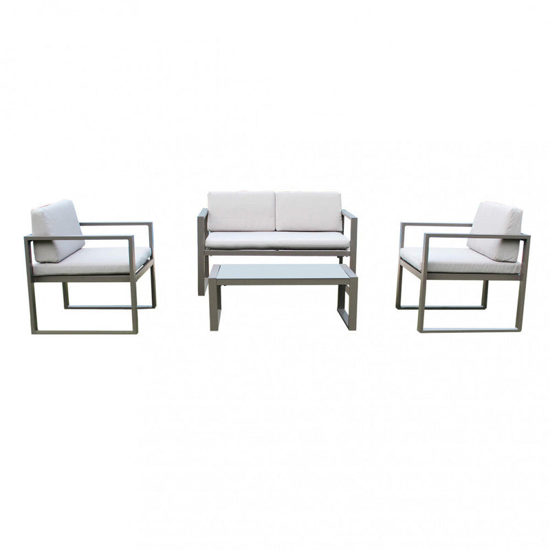 Set Salotto da Giardino Divano 2 Poltrone e Tavolino con Cuscini in Alluminio Taupe