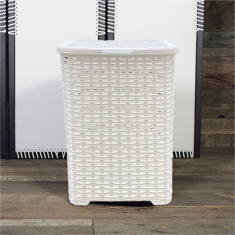 Set Accessori Bagno Cesto Biancheria Cestino Rifiuti Scopino in Rattan Bianco