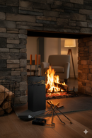 Trespolo per Attrezzi Camino Rettangolare Sagoma Greca con Paletta Scopino Attizzino e Pinza 17,5x12,5x62 cm in Ferro Verniciato Grigio Martellato