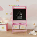 Lavagna per Bambini 3 in 1 54x46x94 cm con Cavalletto Rotolo di Carta e 2 Cestelli in Legno Rosa  