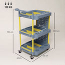 Carrello Portautensili a 3 Ripiani 64x48x95,5 cm con Pannello Forato Ganci Ruote a Freno e Maniglia in PP e Alluminio Grigio e Giallo      