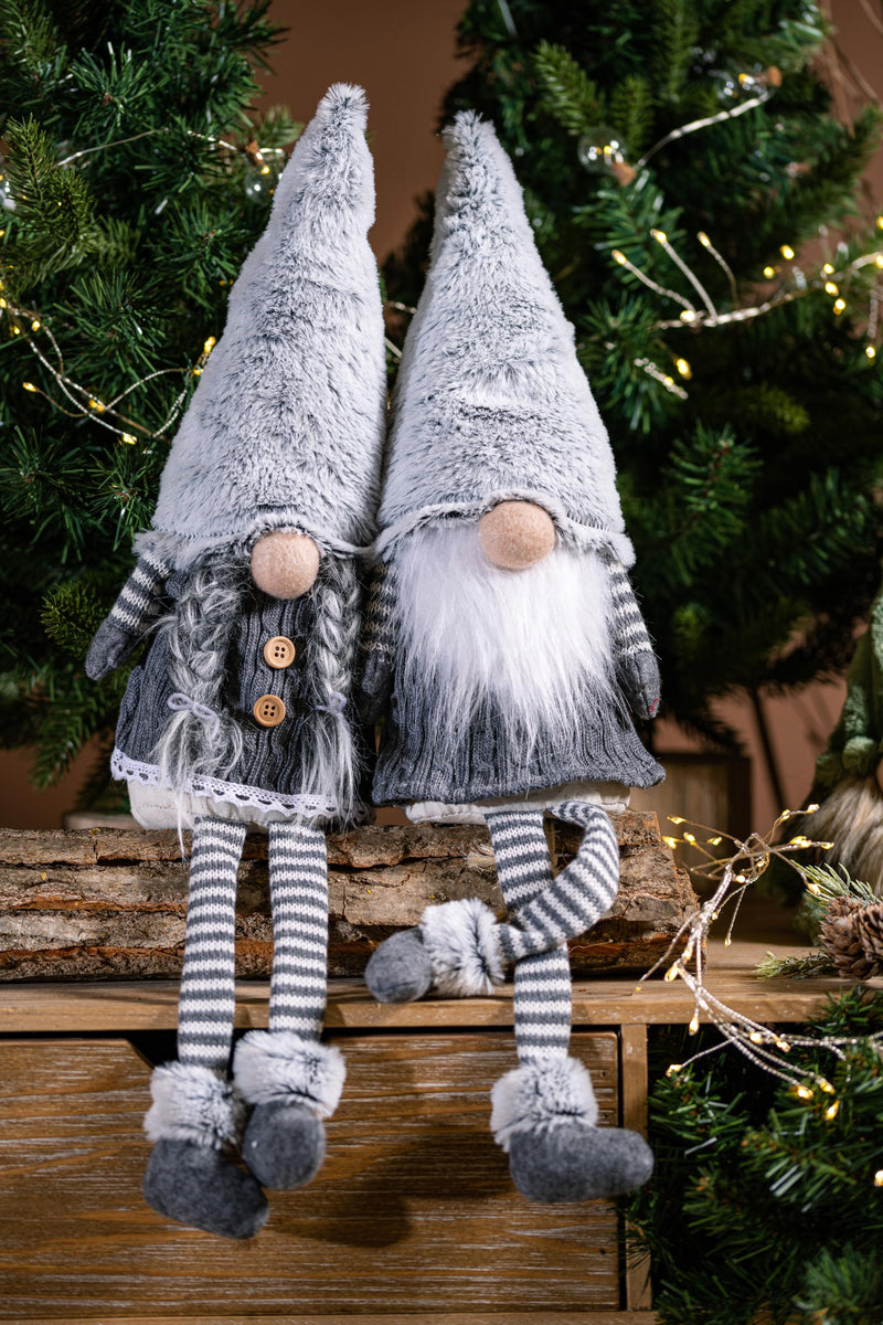 Set di 2 Elfi in Tessuto H34 cm in Tessuto Bianco/Grigio