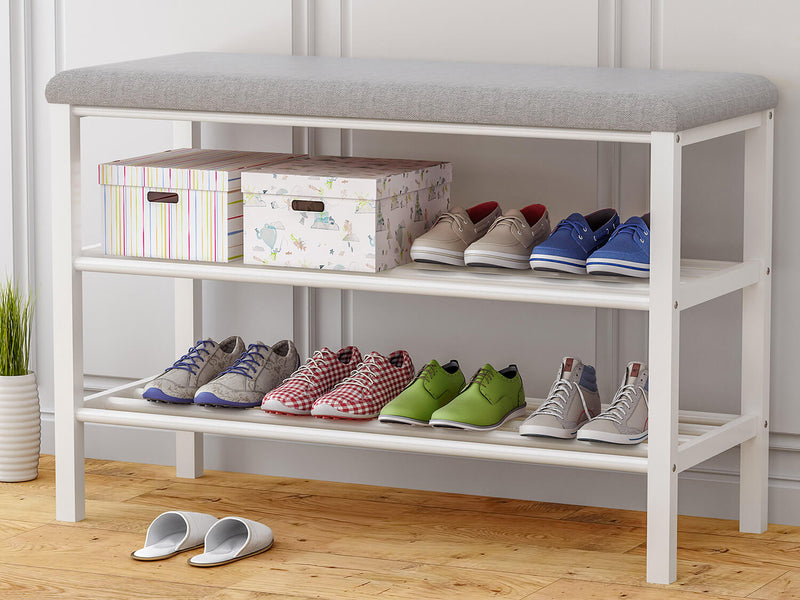 Panca da Ingresso Scarpiera 80x30x50 cm in Metallo e Tessuto Domus Bianco/Grigio