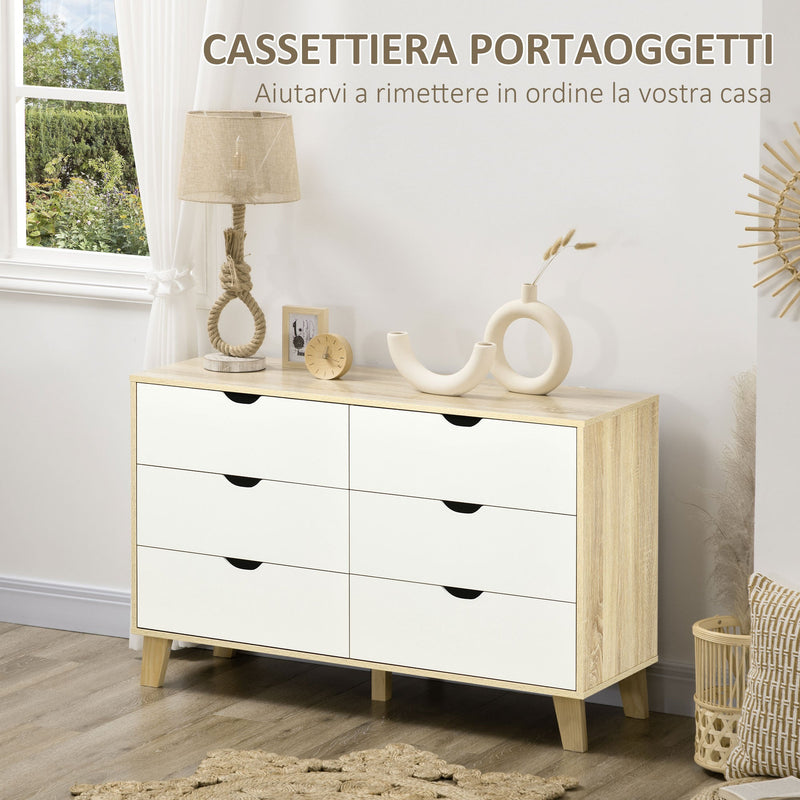 Cassettiera 6 Cassetti 120x40x76 cm con Maniglie Intagliate in Legno Bianco e Rovere  