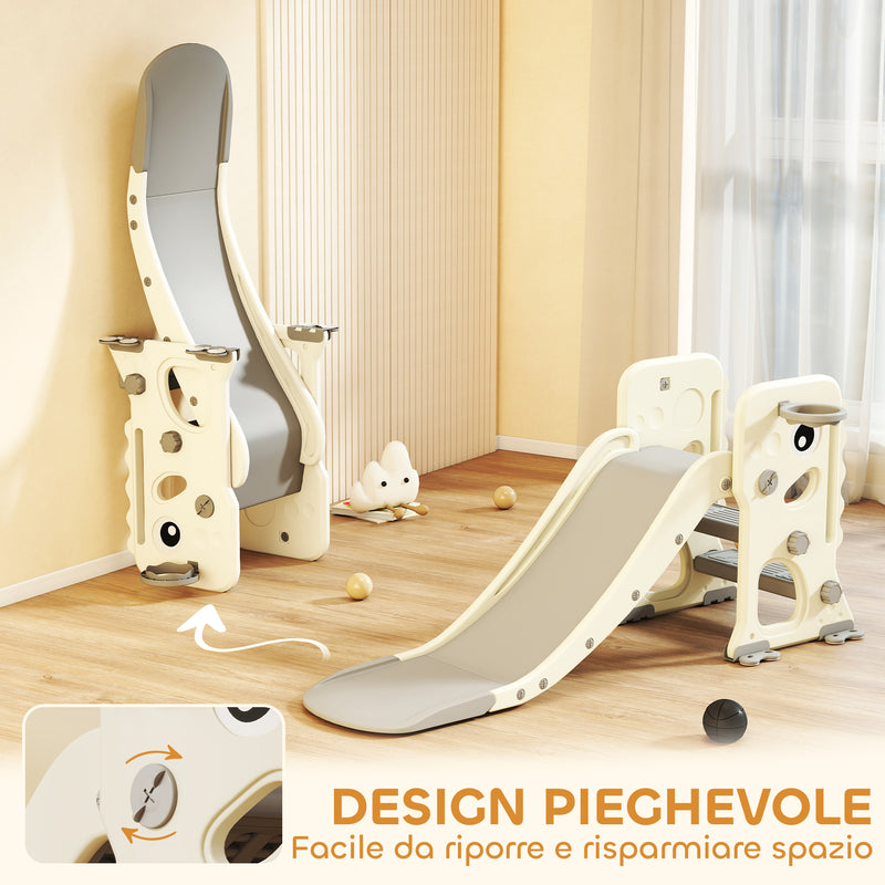 Scivolo per Bambini Pieghevole 146x52x65 cm con Canestro e Palla in PP e HDPE Grigio e Crema  