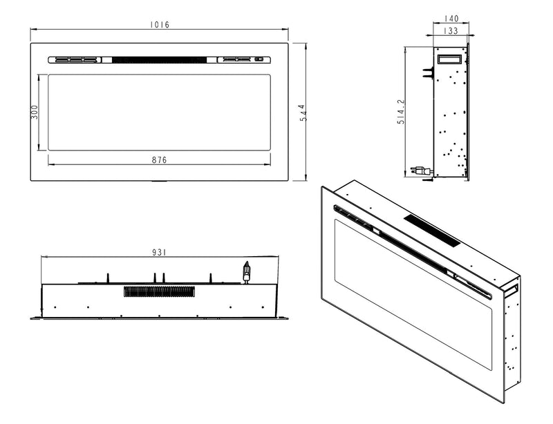 Camino Elettrico da Incasso Effetto Fiamma 101,6x14x54,6 cm 750W/1500W Nero 