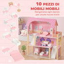 Casa delle Bambole per Bambini 3-6 Anni 59x23,6x69,5 cm a 3 Piani con 10 Mobili e 6 Stanze in MDF e Legno di Pino Rosa      