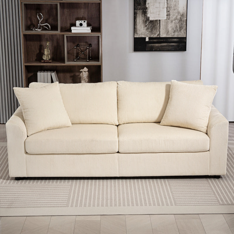 Divano 3 Posti con Molle Insacchettate e 2 Cuscini 212x80x88 cm in Velluto a Coste Bianco Crema  