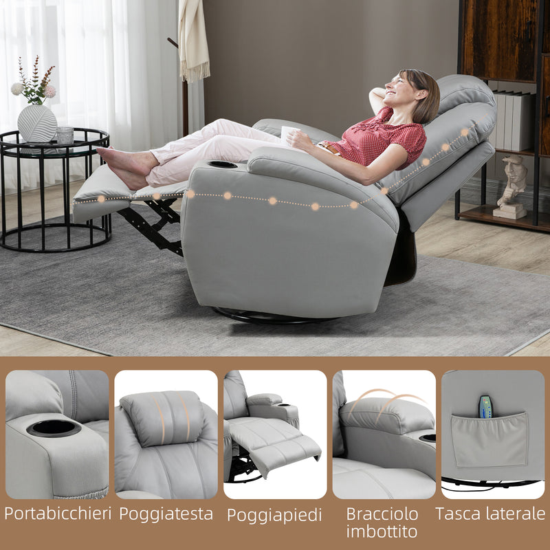 Poltrona Relax Massaggiante e Reclinabile 89x99x106 cm con Telecomando in Pelle PU Grigio