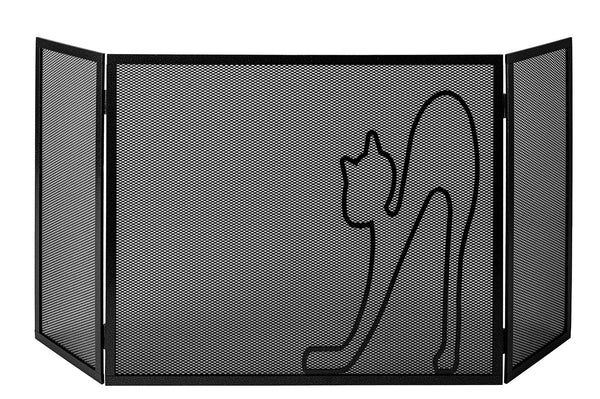 Parascintille per Camino a 3 Ante Design Gatto 20+60+20x50 cm in Ferro Verniciato Grigio Martellato