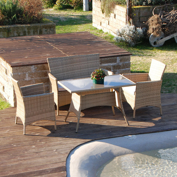 Naturfarbenes Polyrattan-Lounge-Set, Sofa, Sessel, Couchtisch für Gartenmöbel sconto