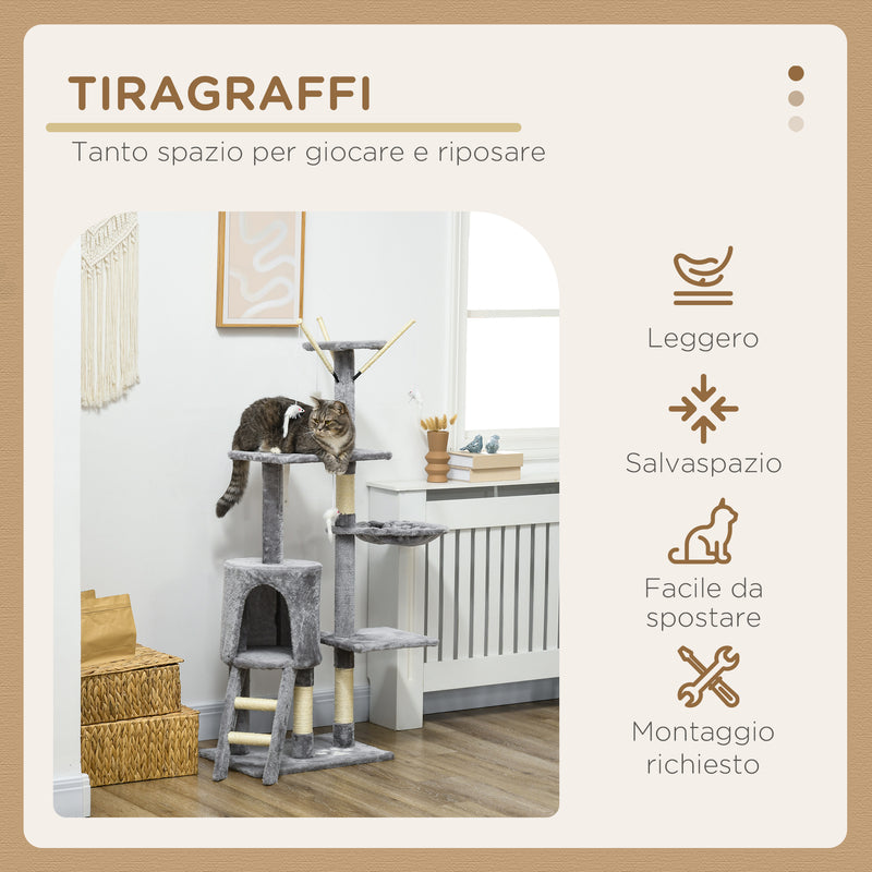 Albero Tiragraffi con Casetta e Piattaforme in Peluche 50x35x134,2 cm Trespoli e Giochi in Truciolato Peluche e Sisal Grigio  