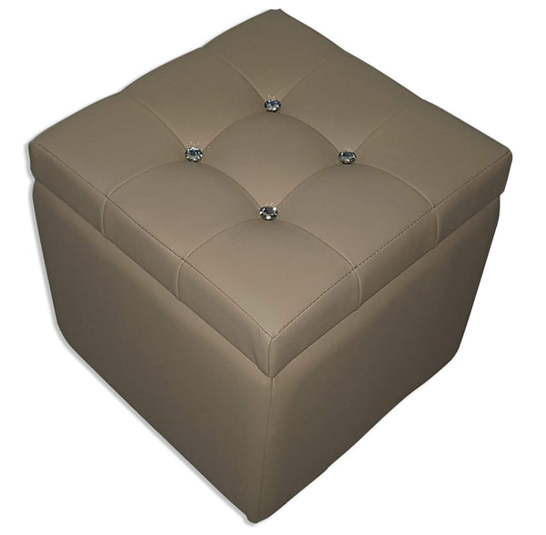 Pouf Cube mit Aufbewahrung aus beigem Renier-Kunstleder und Kristallen sconto