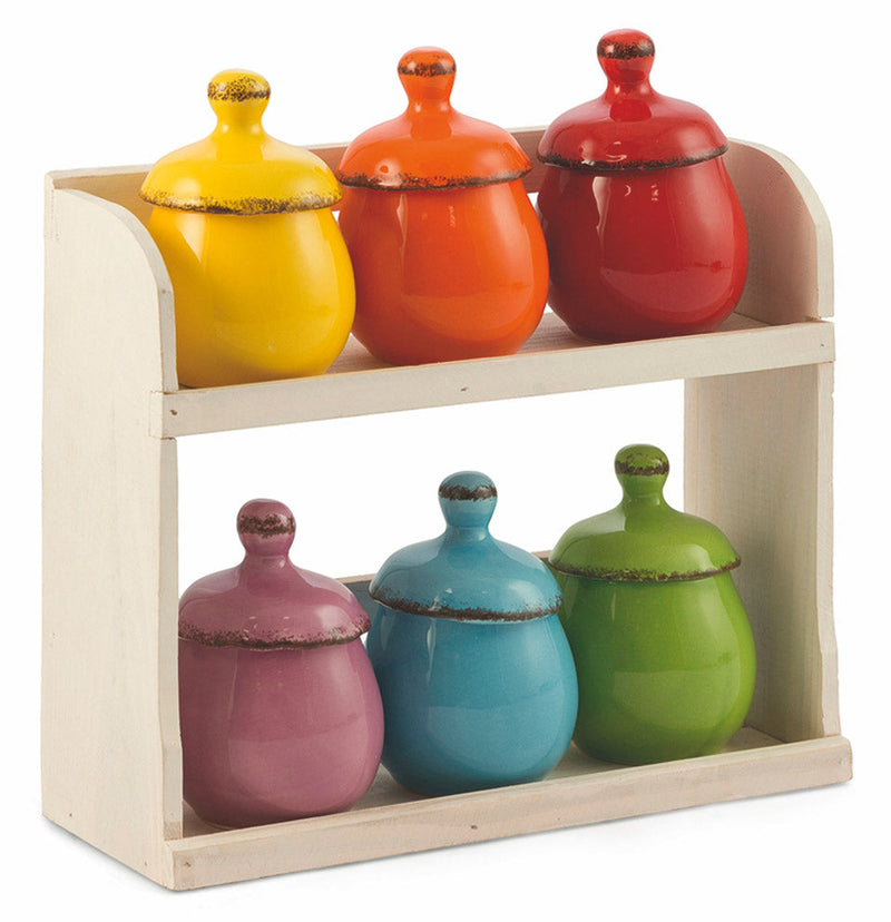 Set 6 Barattolini con Stand in Ceramica e Legno VdE Tivoli 1996 Baita
