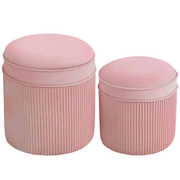 Set 2 Pouf Poggiapiedi Rotondi Impilabili Contenitore da 34.8L Imbottiti con Rivestimento in Velluto Rosa prezzo