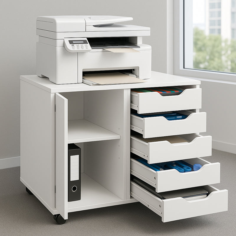 Cassettiera Mobile Ufficio Porta Stampante Salvaspazio 78x40x65,5 cm con Ruote in Legno Bianco      
