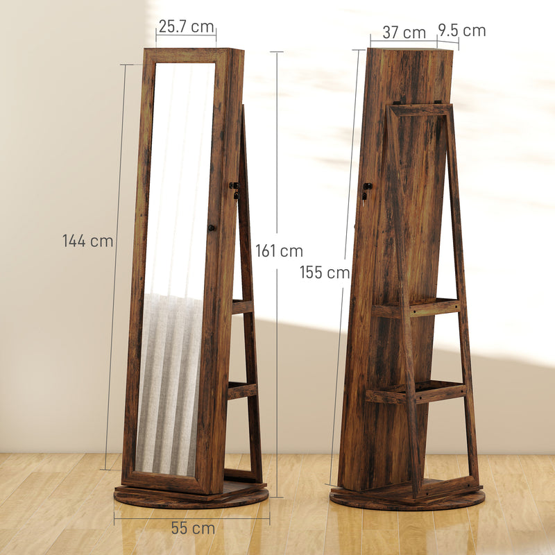 Specchio Portagioie 3 in 1 Girevole a 360° e Autoportante 55x55x161 cm in MDF Marrone Rustico  
