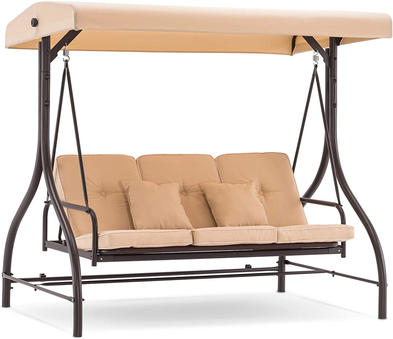 Dondolo Letto 3 Posti da Giardino 192x120x170 cm in Acciaio e Poliestere Beige