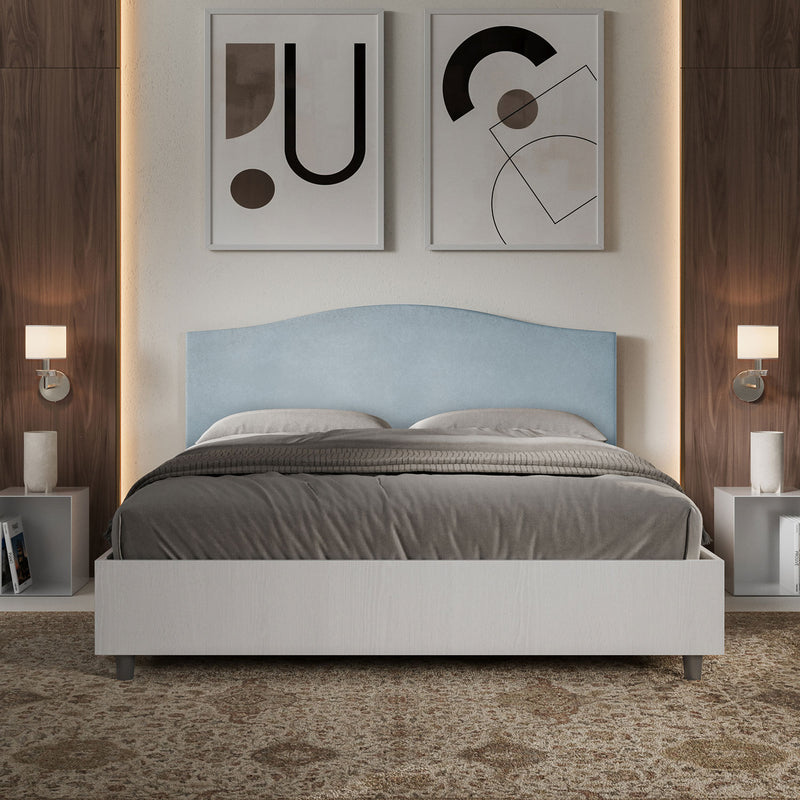 Letto Matrimoniale con Rete e Contenitore Alzata Comoda Struttura Bianco Frassico e Testata in Microfibra Grace Azzurro Varie Misure