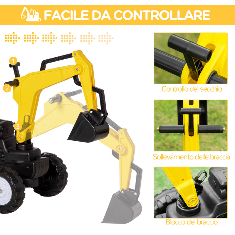 Trattore Ruspa a Pedali per Bambini 107x42x71 cm 6 Ruote in Acciaio e Plastica Giallo