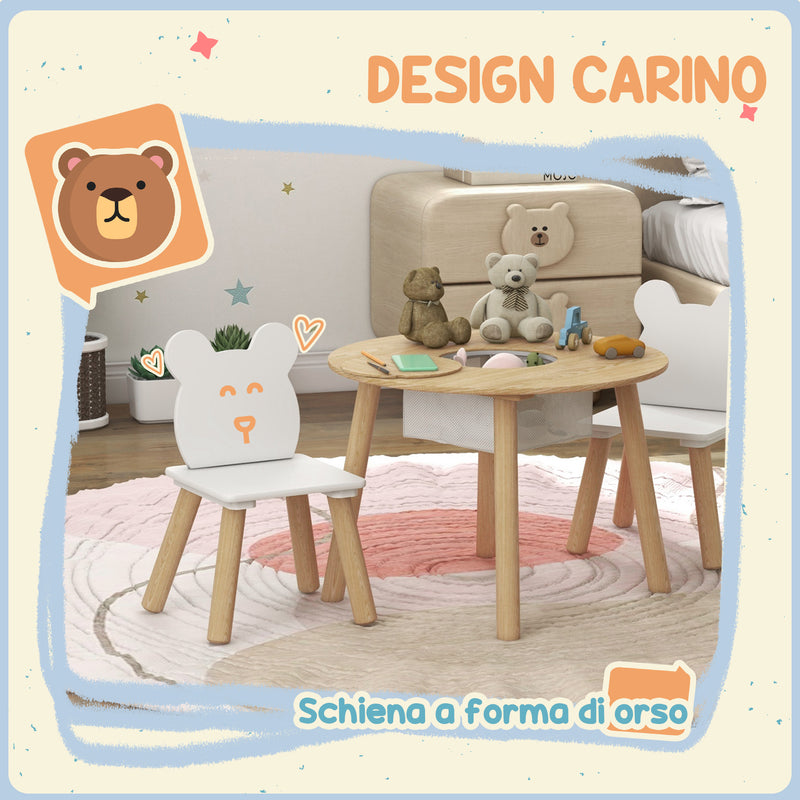 Set con Tavolo e 2 Sedie per Bambini con Schienale a Orsetto Tavolino con Vano Contenitore in MDF Bianco e Legno      