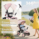 Triciclo per Bambini 6 in 1 con Maniglione di Spinta e Sedile Girevole 111,5x52x98 cm Rosa      