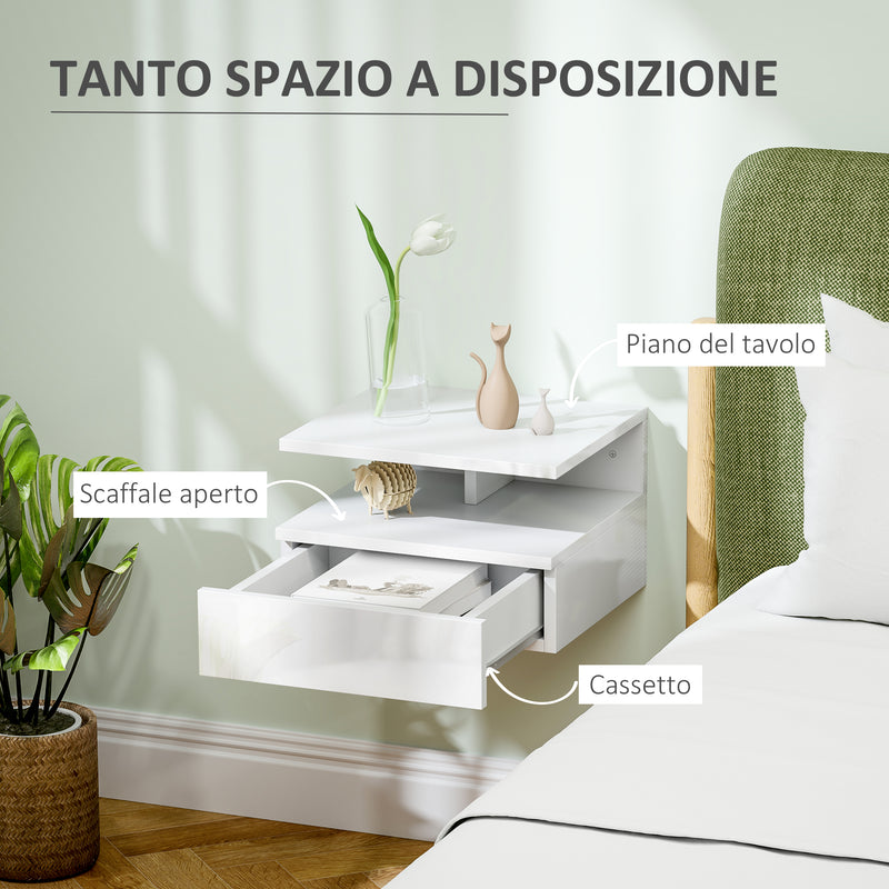 Comodino Sospeso 35x32x22,5 cm con Cassetto e Ripiano Aperto in Legno Bianco  