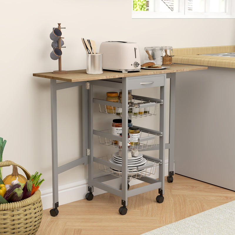 Carrello da Cucina 37x37x77,5 cm con 3 Cestini e 2 Ribalte in Legno e Metallo Grigio e Rovere  