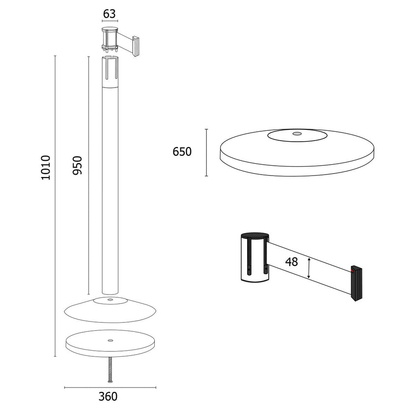 Colonnina Tendinastro 3 metri in Metallo Nero Opaco Ø36x101 cm Nastro Nero