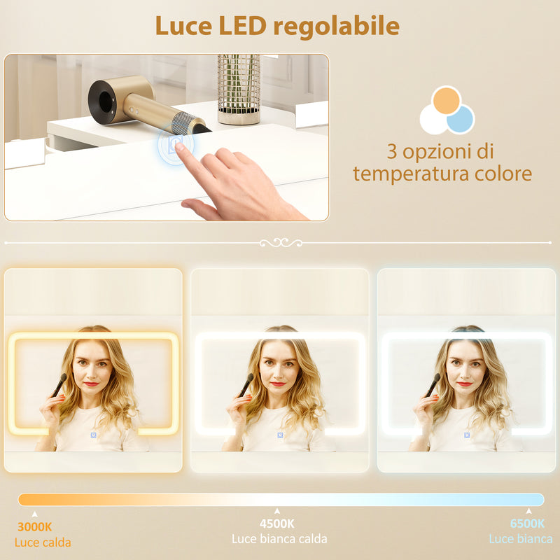 Consolle Trucco con Specchio 118x78x135 cm con Specchio e Luci LED Regolabili in MDF Bianco  