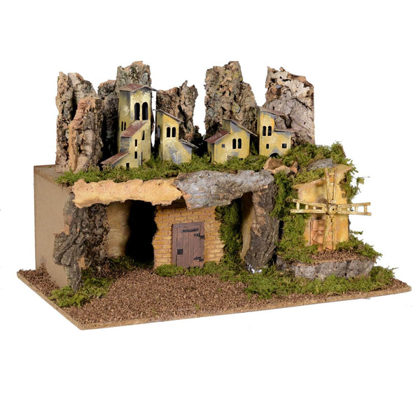 sconto Krippe mit Leuchttürmen und Windmühle aus Holz 58x39x34cm Adami