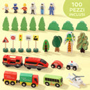 Set Ferroviario 100 Pezzi per Bambini 3+ Anni con Gru Magnetica Treni Ponte Elicottero in Legno      