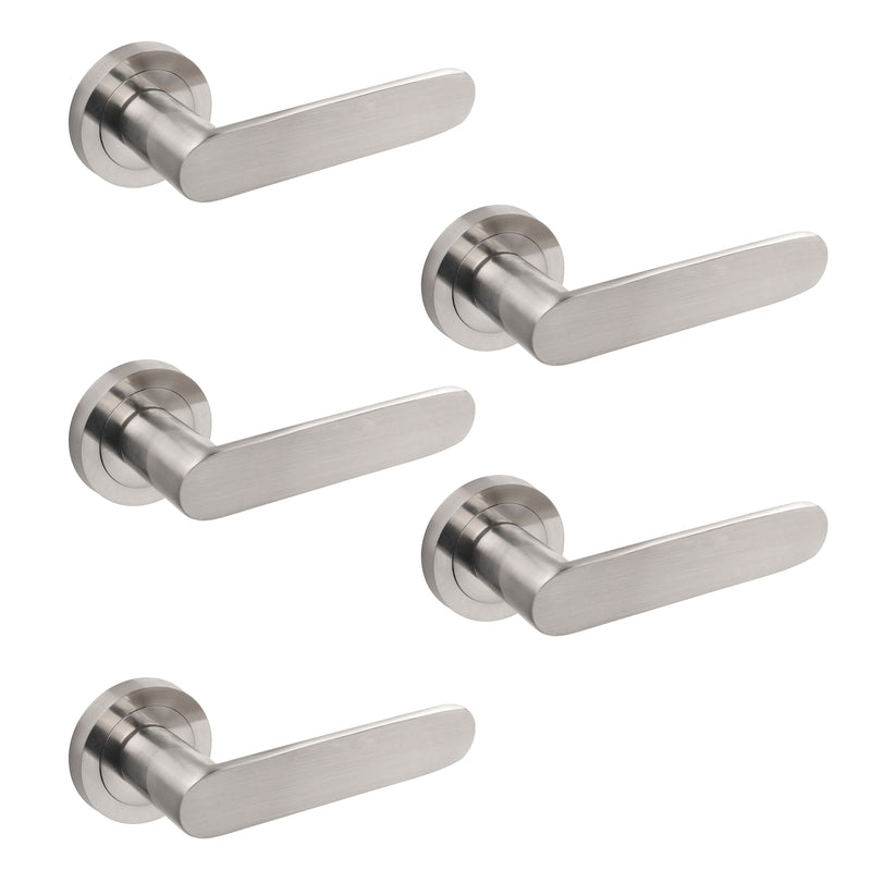 Maniglie Bunbury per Porta da Interno con Rosetta Ø50 mm Alluminio Nickel Satinato 5 Sets. Emuca