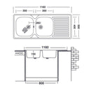 Lavello 116x50 cm 2 vasche e gocciolatoio destro