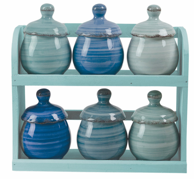 Set 6 Barattolini in Ceramica con Stand in Legno VdE Tivoli 1996 Baita