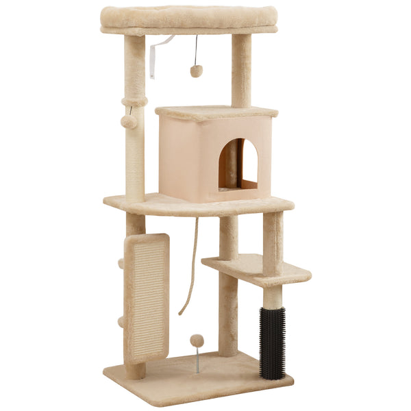 sconto Albero per Gatti Multilivello Alto 132 cm con Casetta Lettino Pali Tiragraffi Spazzola e Pallina Beige