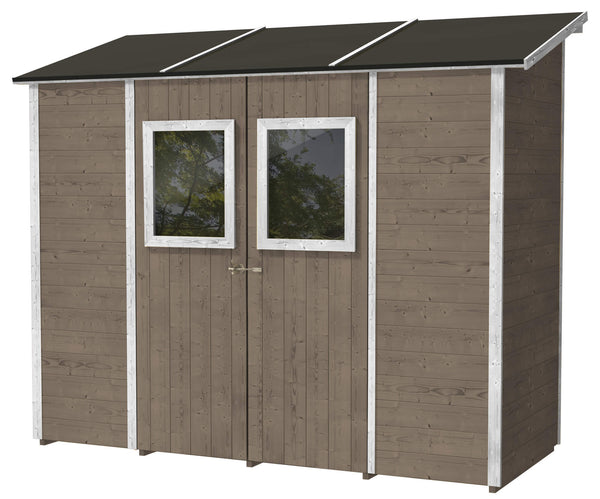 sconto Gartenbox aus Holz für Werkzeuge 245 x 102 x 224 cm mit 2 Türen und Fenstern Ecla Tortora