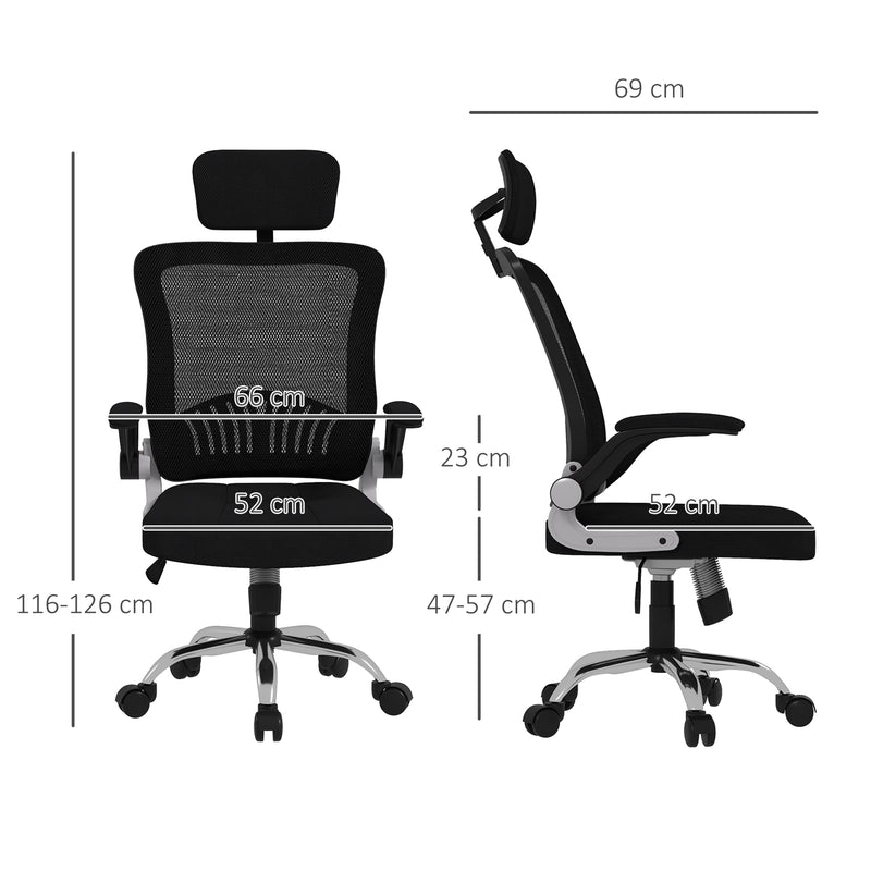 Sedia Poltrona Direzionale da Ufficio 66x69x116-126 cm Braccioli Ribaltabili in Tessuto a Rete Nero